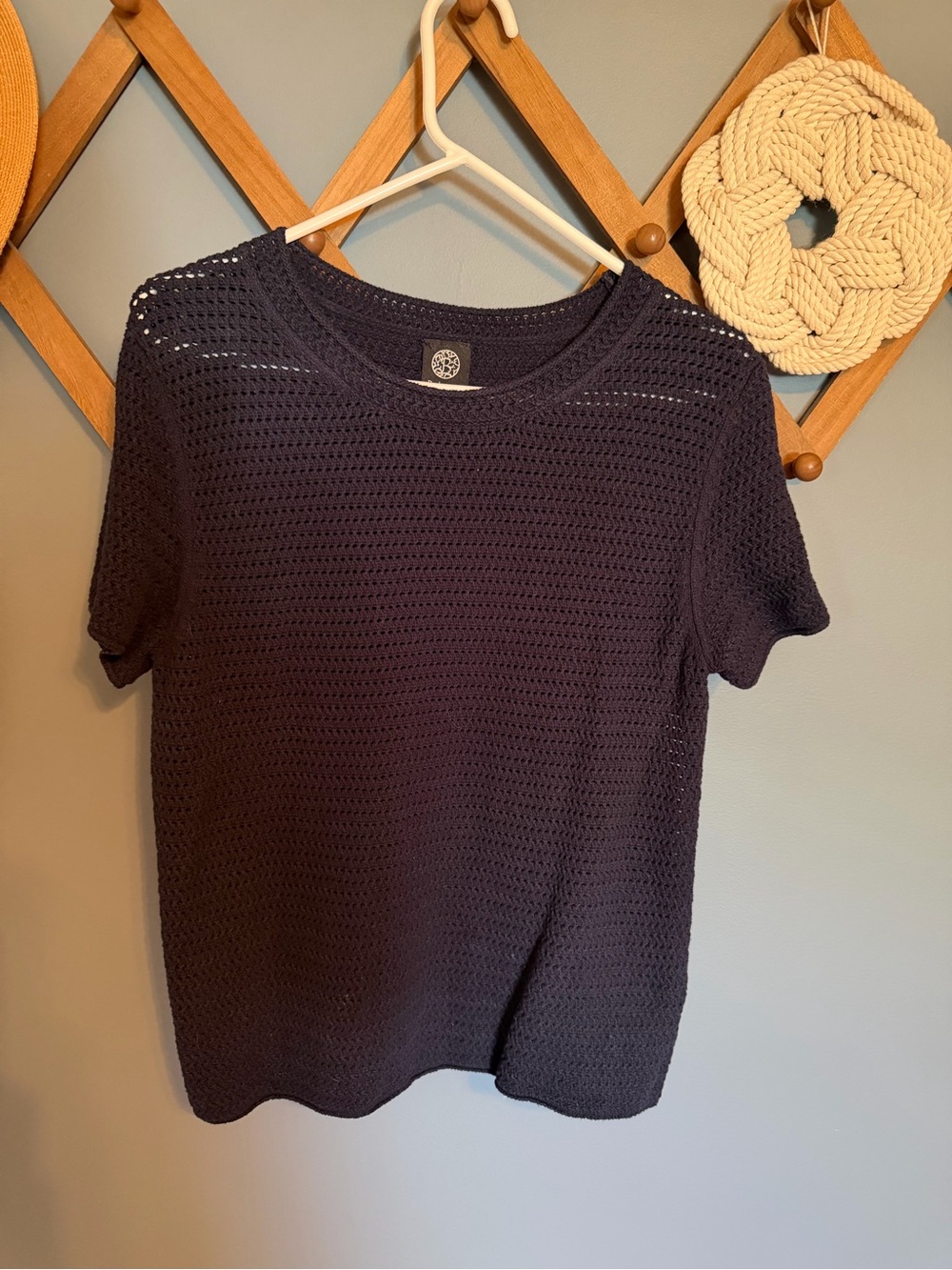bobeau Navy Short-Sleeve Open Knit Tee